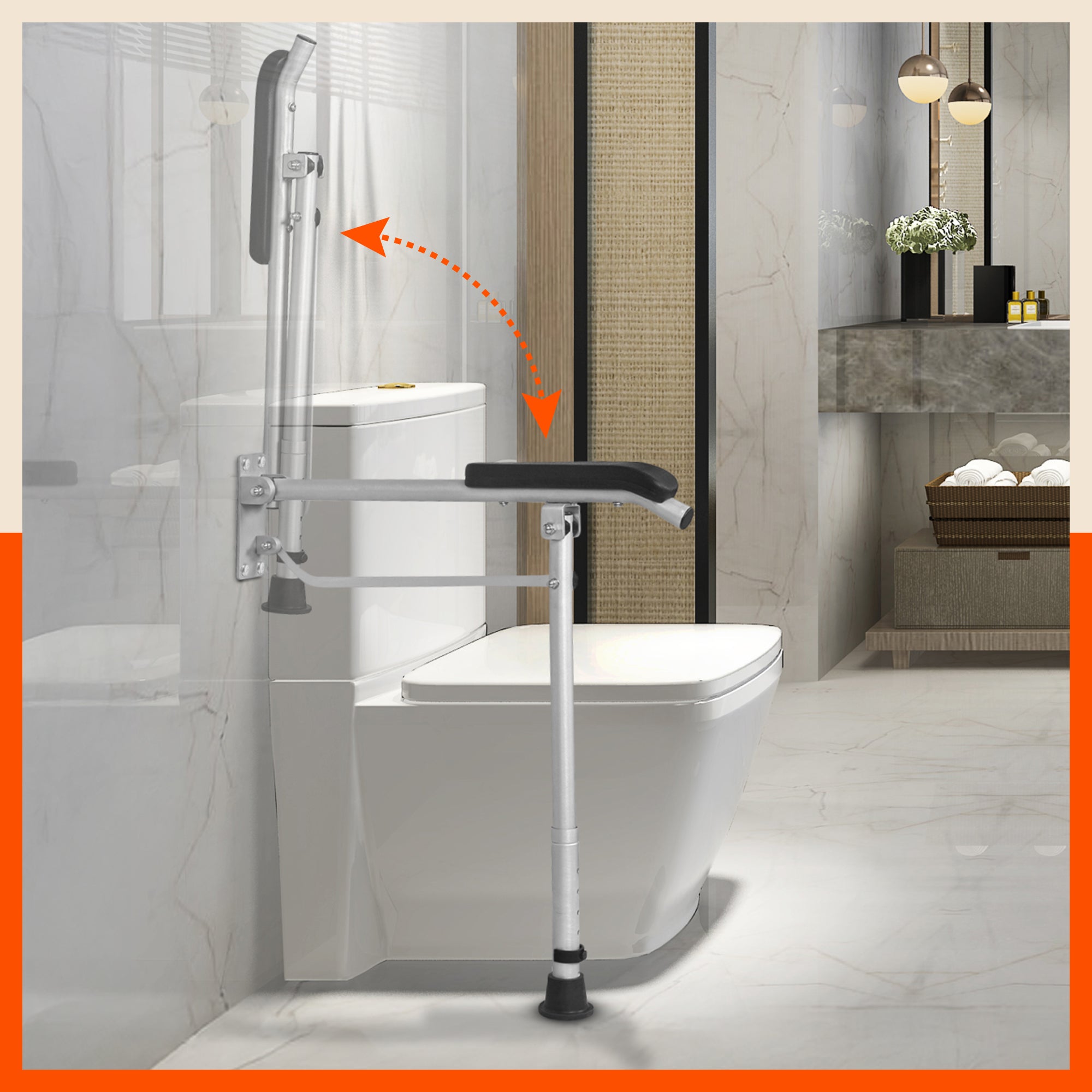 Bathla Assist+ Comfort Aluminium Grab Bar with Floor Support | Non - Slip Bathroom Safety Handle with Soft Grip | Easy Installation, Rust - Resistant | for The Elderly, Disabled & Pregnant Women