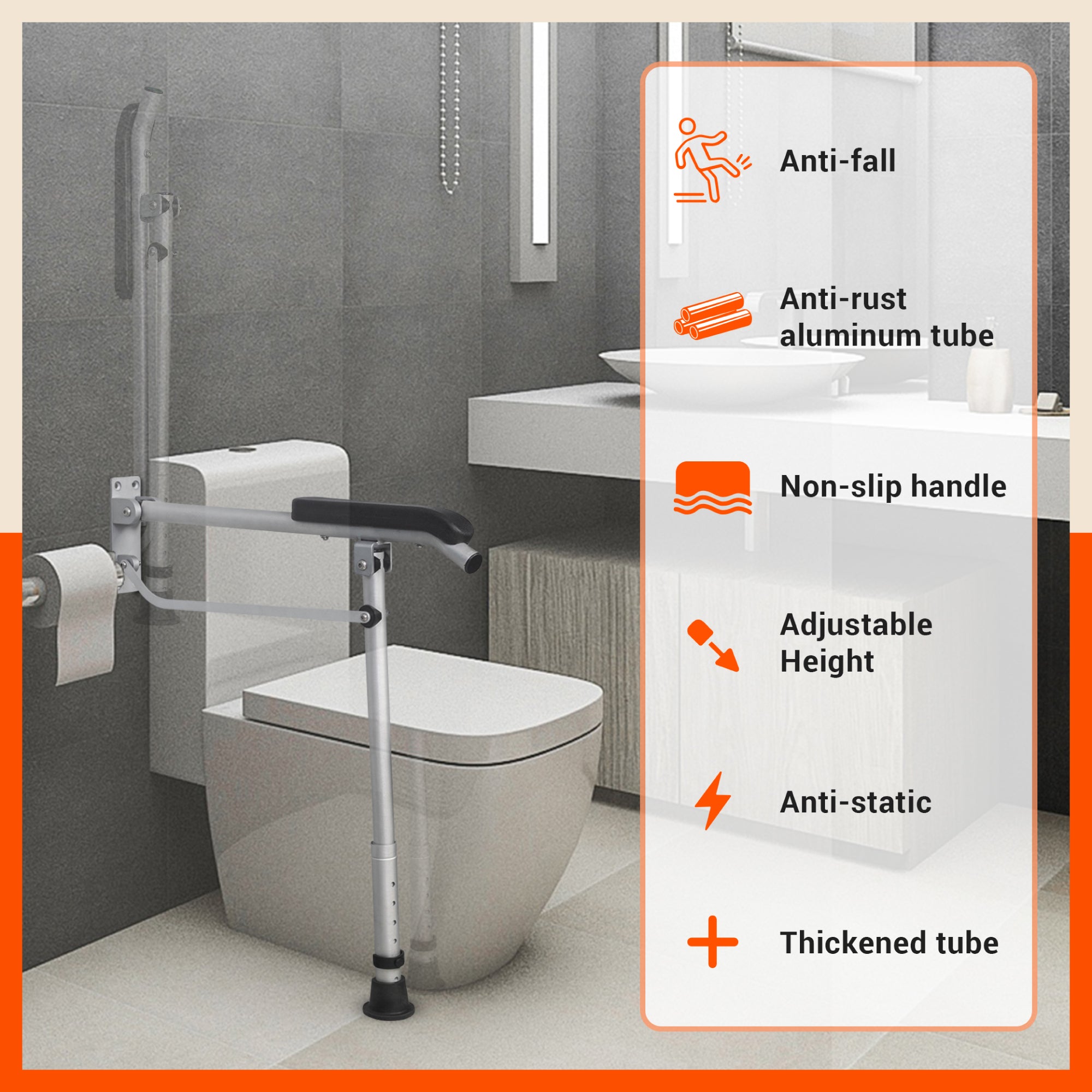 Bathla Assist+ Comfort Aluminium Grab Bar with Floor Support | Non - Slip Bathroom Safety Handle with Soft Grip | Easy Installation, Rust - Resistant | for The Elderly, Disabled & Pregnant Women
