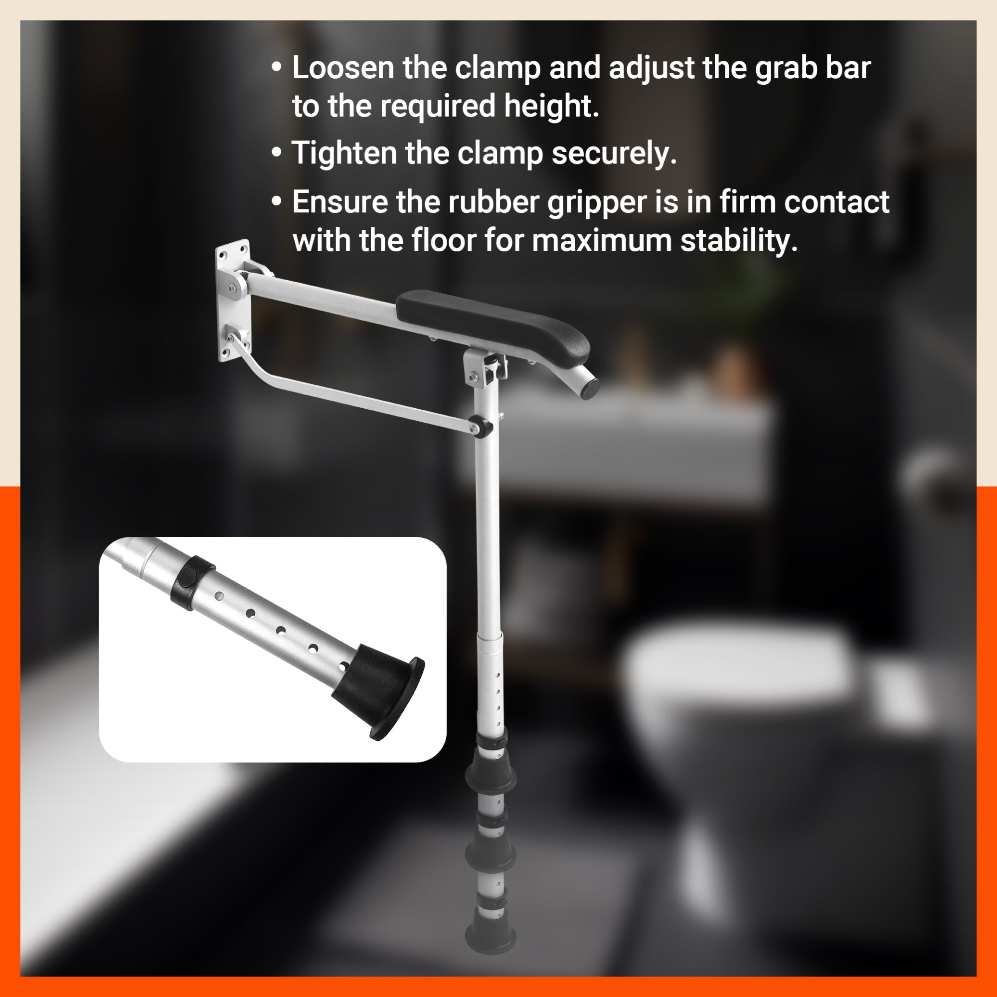Bathla Assist+ Comfort Aluminium Grab Bar with Floor Support | Non - Slip Bathroom Safety Handle with Soft Grip | Easy Installation, Rust - Resistant | for The Elderly, Disabled & Pregnant Women