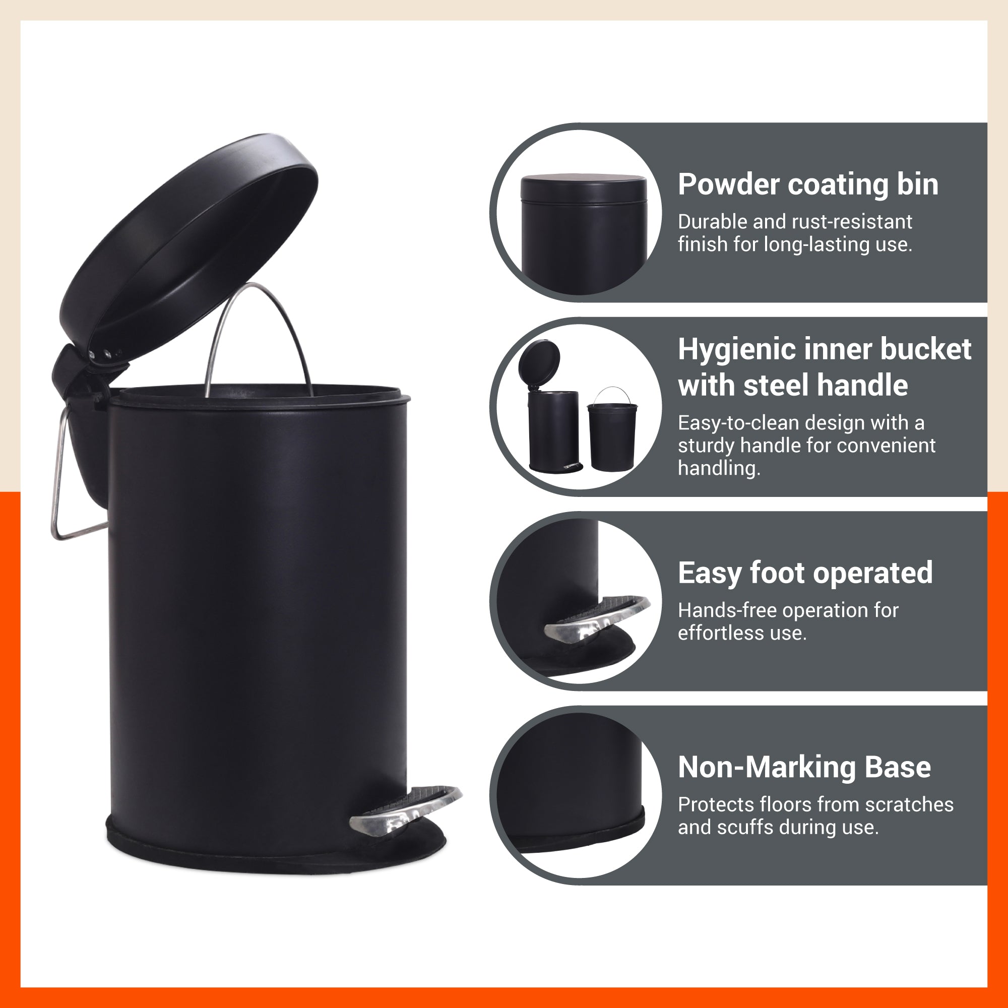 Bathla Accord Black Step Dustbin for Home, Office & Kitchen - 12 Litres | Heavy-Duty Step Bin with Foot Pedal | Durable & Hands-Free Waste Bin