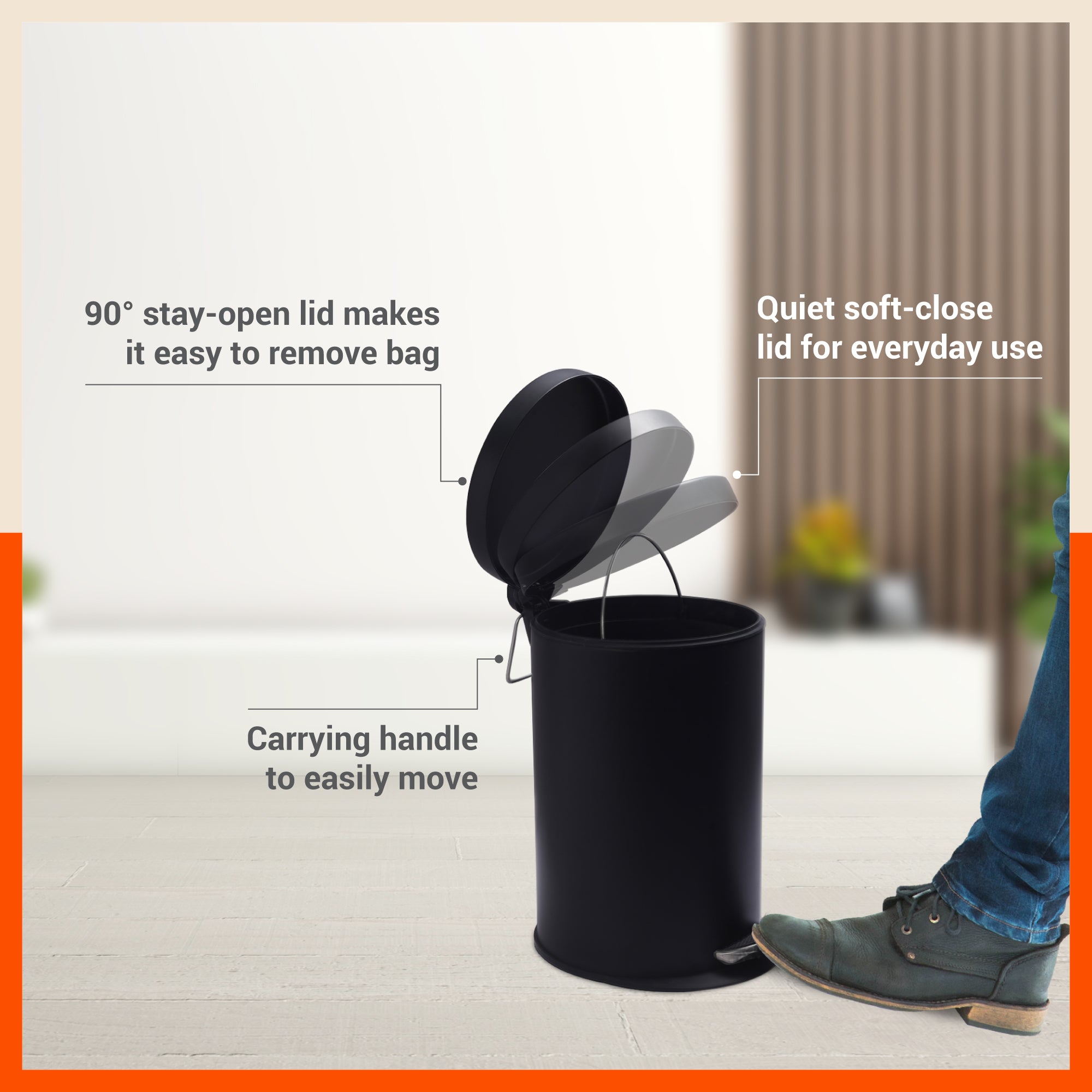 Bathla Accord Black Step Dustbin for Home, Office & Kitchen - 12 Litres | Heavy-Duty Step Bin with Foot Pedal | Durable & Hands-Free Waste Bin