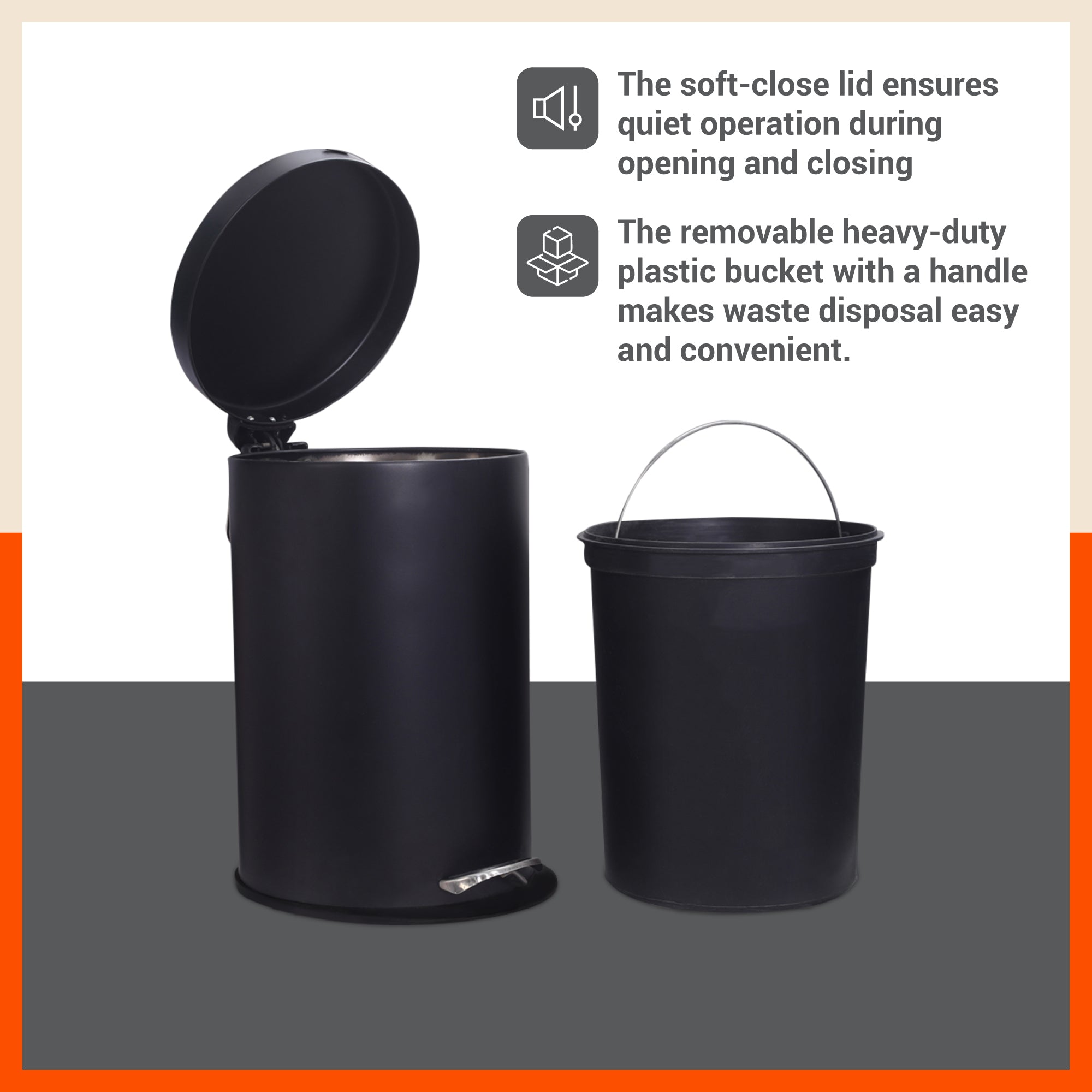 Bathla Accord Black Step Dustbin for Home, Office & Kitchen - 12 Litres | Heavy-Duty Step Bin with Foot Pedal | Durable & Hands-Free Waste Bin