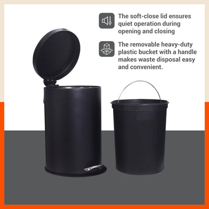 Bathla Accord Black Step Dustbin for Home, Office & Kitchen - 12 Litres | Heavy-Duty Step Bin with Foot Pedal | Durable & Hands-Free Waste Bin