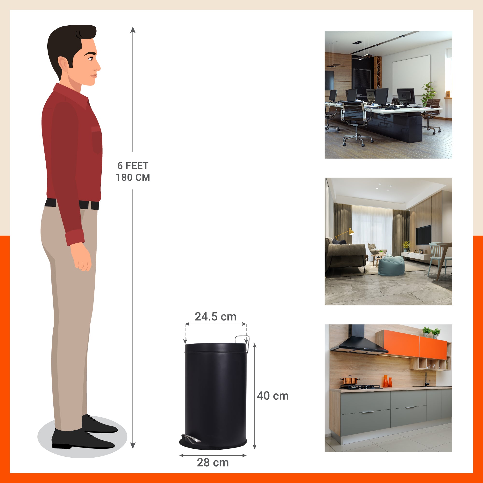 Bathla Accord Black Step Dustbin for Home, Office & Kitchen - 12 Litres | Heavy-Duty Step Bin with Foot Pedal | Durable & Hands-Free Waste Bin