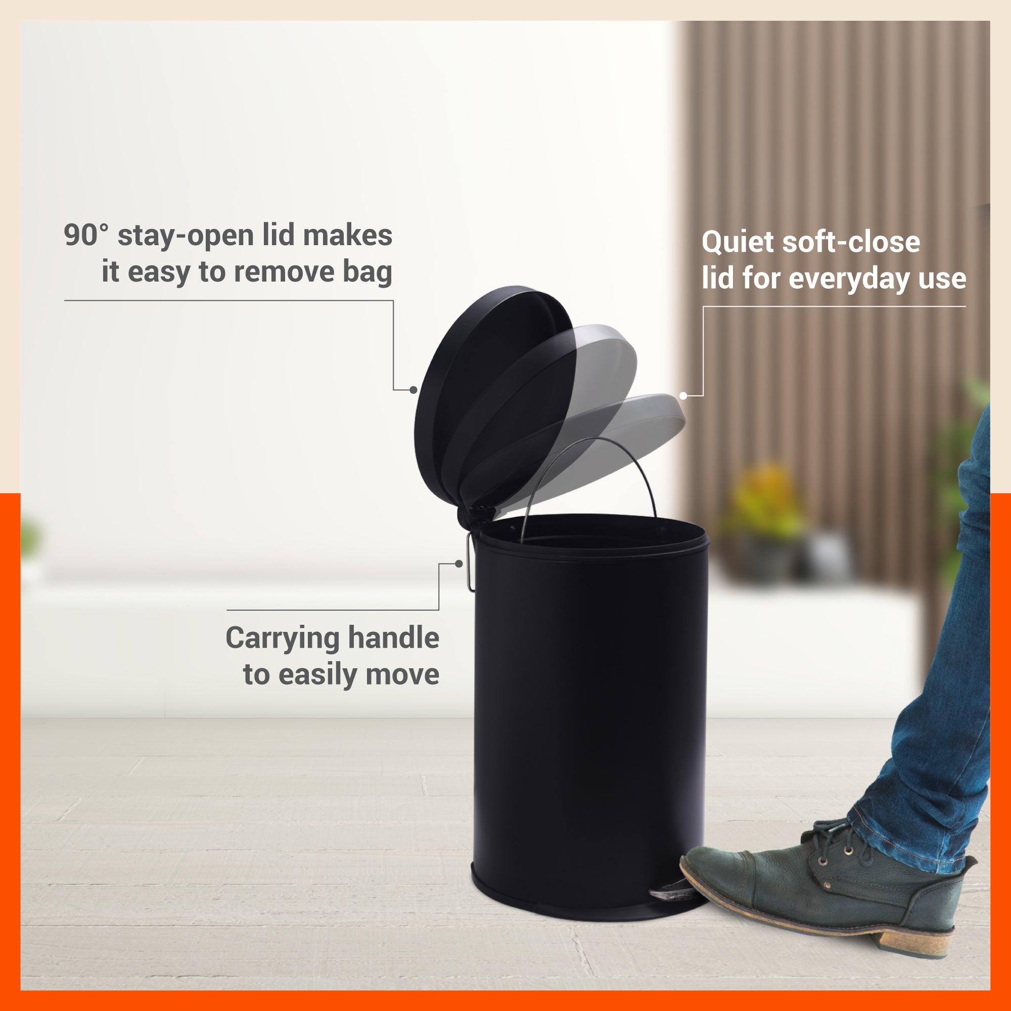 Bathla Accord Black Step Dustbin for Home, Office & Kitchen - 20 Litres | Heavy-Duty Step Bin with Foot Pedal | Durable & Hands-Free Waste Bin