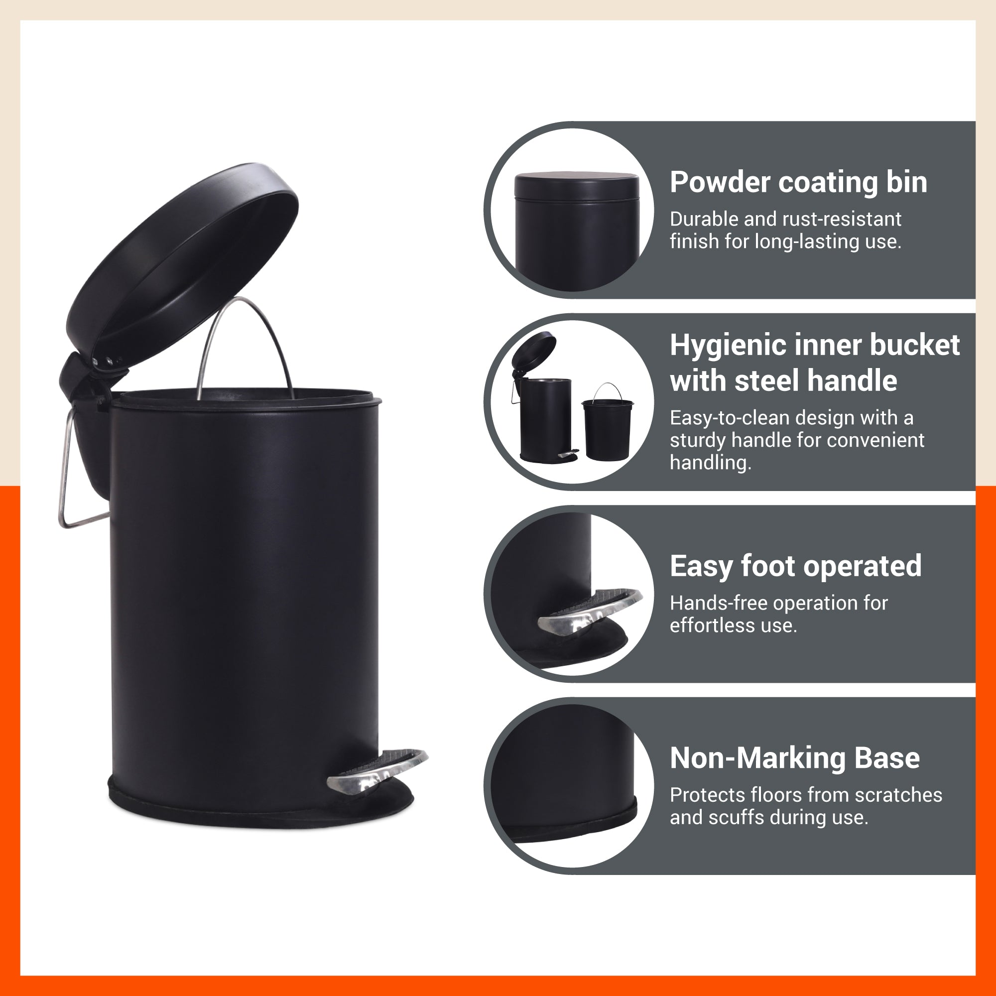 Bathla Accord Black Step Dustbin for Home, Office & Kitchen - 5 Litres | Heavy-Duty Step Bin with Foot Pedal | Durable & Hands-Free Waste Bin
