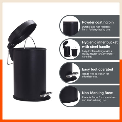 Bathla Accord Black Step Dustbin for Home, Office & Kitchen - 5 Litres | Heavy-Duty Step Bin with Foot Pedal | Durable & Hands-Free Waste Bin