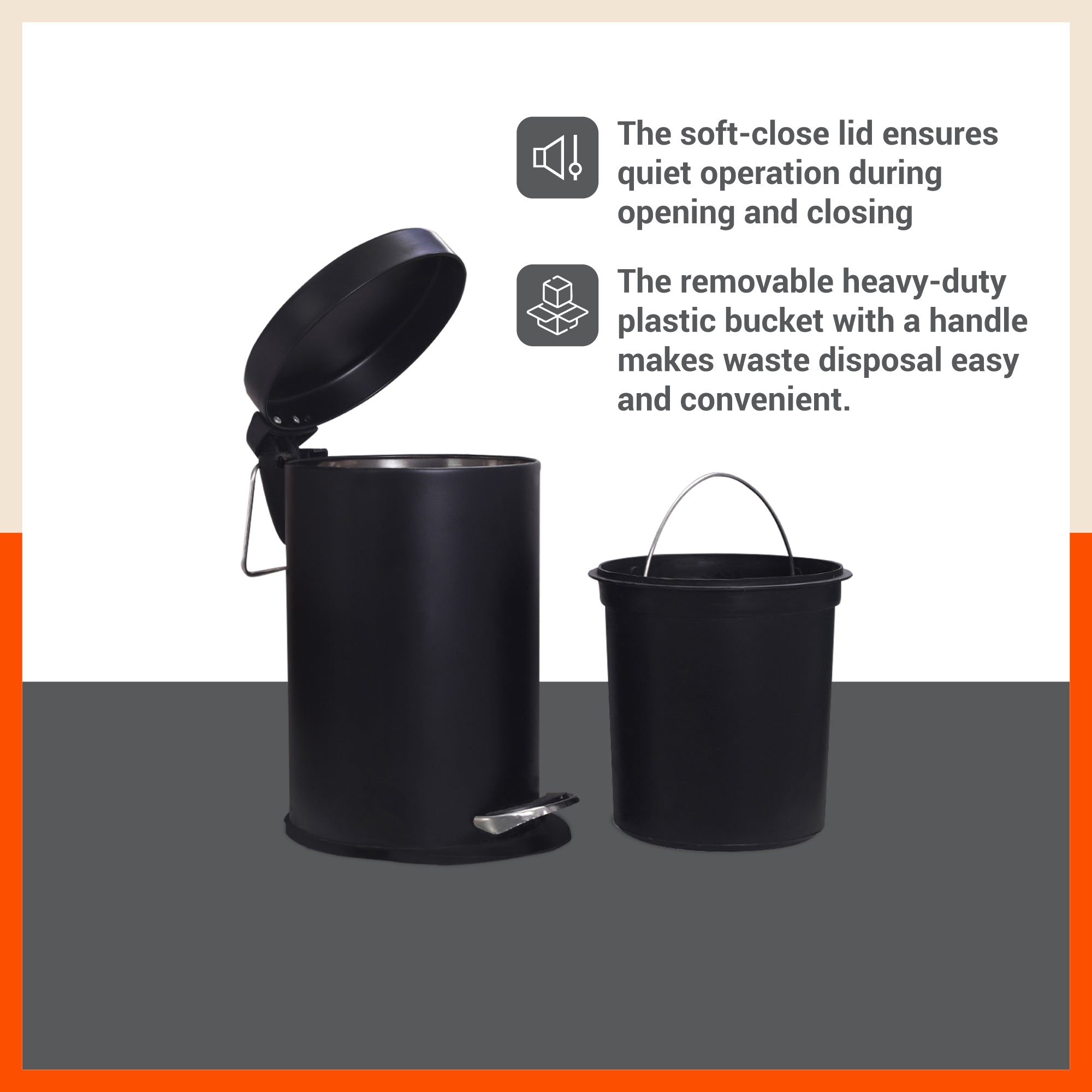 Bathla Accord Black Step Dustbin for Home, Office & Kitchen - 5 Litres | Heavy-Duty Step Bin with Foot Pedal | Durable & Hands-Free Waste Bin