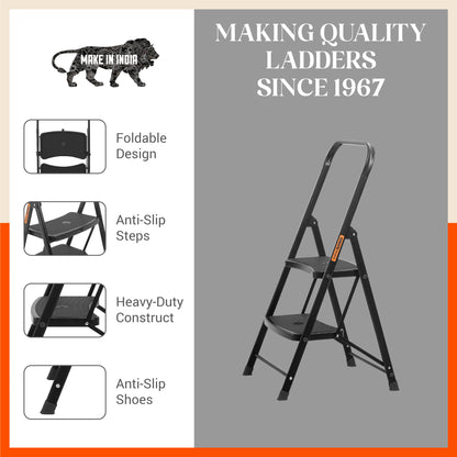 Bathla Boost Rhino 2 - Step Foldable Steel Ladder For Home (Black + Black)