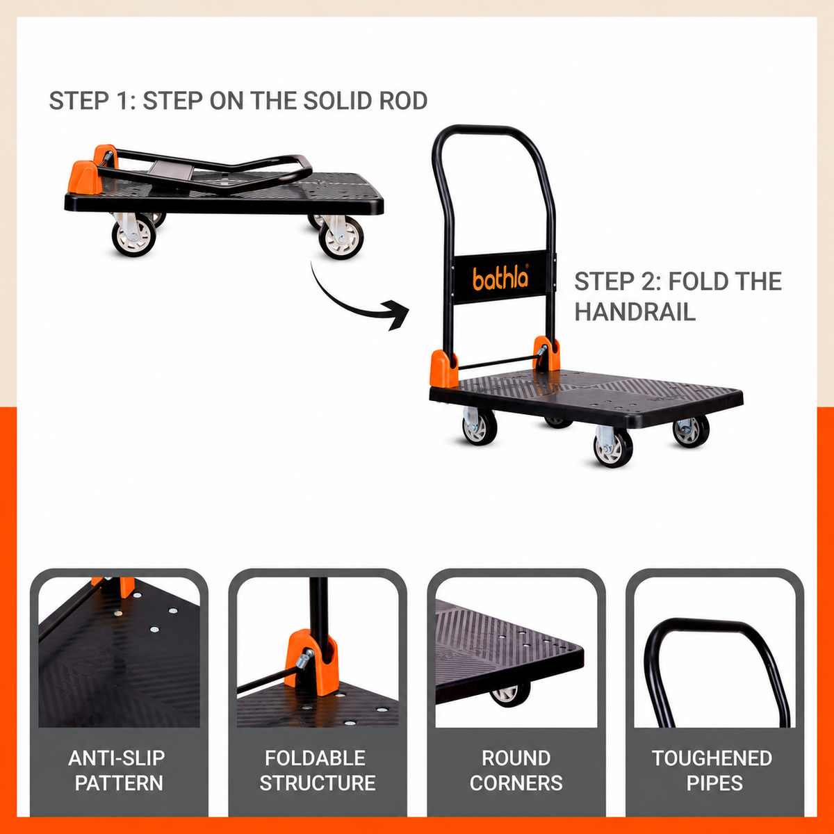 Bathla 200 Kg Capacity PVC Foldable Platform Trolley for Heavy Weight/Material Handling Goods Trolley with 360* Rotating TPR Wheels for Home, Office, Warehouse & Industries - (4 Wheel/Black)