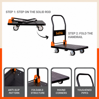 Bathla 200 Kg Capacity PVC Foldable Platform Trolley for Heavy Weight/Material Handling Goods Trolley with 360* Rotating TPR Wheels for Home, Office, Warehouse & Industries - (4 Wheel/Black)