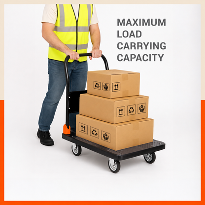 Bathla 200 Kg Capacity PVC Foldable Platform Trolley for Heavy Weight/Material Handling Goods Trolley with 360* Rotating TPR Wheels for Home, Office, Warehouse & Industries - (4 Wheel/Black)