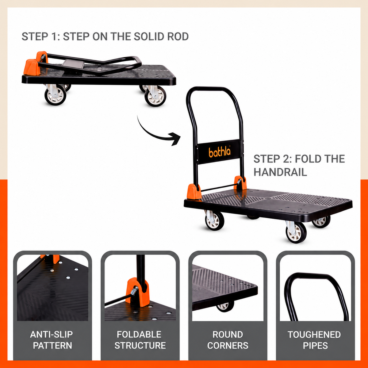 Bathla 400 Kg Capacity PVC Foldable Platform Trolley for Heavy Weight/Material Handling Goods Trolley with 360* Rotating TPR Wheels for Home, Office, Warehouse & Industries - (4 Wheel/Black)