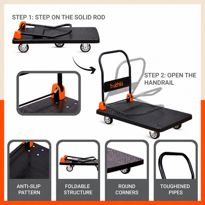 Bathla 600 Kg Capacity PVC Foldable Platform Trolley for Heavy Weight/Material Handling Goods Trolley with 360* Rotating TPR Wheels for Home, Office, Warehouse & Industries - (4 Wheel/Black)