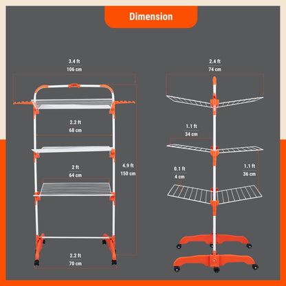 Bathla Compact 3-Tier Heavy Duty Clothes Drying Stand with Wheels Portable Steel Laundry Stand, Space Saving Foldable Drying Rack with Side Hangers for Drying Clothes at Home (Orange)