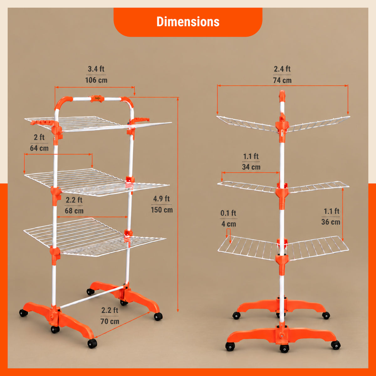 Bathla Compact 3-Tier Heavy Duty Clothes Drying Stand with Wheels Portable Steel Laundry Stand, Space Saving Foldable Drying Rack with Side Hangers for Drying Clothes at Home (Orange)