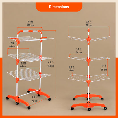 Bathla Compact 3-Tier Heavy Duty Clothes Drying Stand with Wheels Portable Steel Laundry Stand, Space Saving Foldable Drying Rack with Side Hangers for Drying Clothes at Home (Orange)