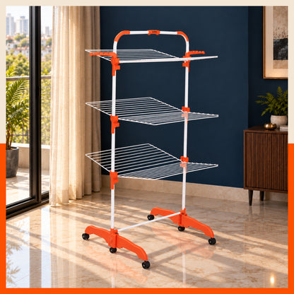Bathla Compact 3-Tier Heavy Duty Clothes Drying Stand with Wheels Portable Steel Laundry Stand, Space Saving Foldable Drying Rack with Side Hangers for Drying Clothes at Home (Orange)