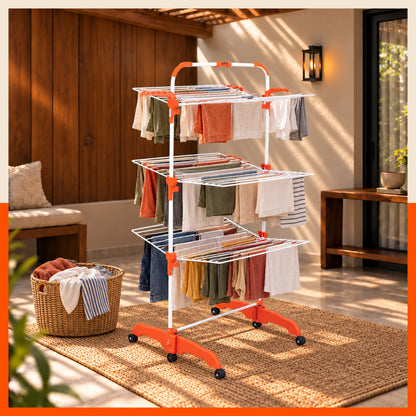 Bathla Compact 3-Tier Heavy Duty Clothes Drying Stand with Wheels Portable Steel Laundry Stand, Space Saving Foldable Drying Rack with Side Hangers for Drying Clothes at Home (Orange)
