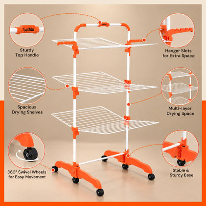 Bathla Compact 3-Tier Heavy Duty Clothes Drying Stand with Wheels Portable Steel Laundry Stand, Space Saving Foldable Drying Rack with Side Hangers for Drying Clothes at Home (Orange)