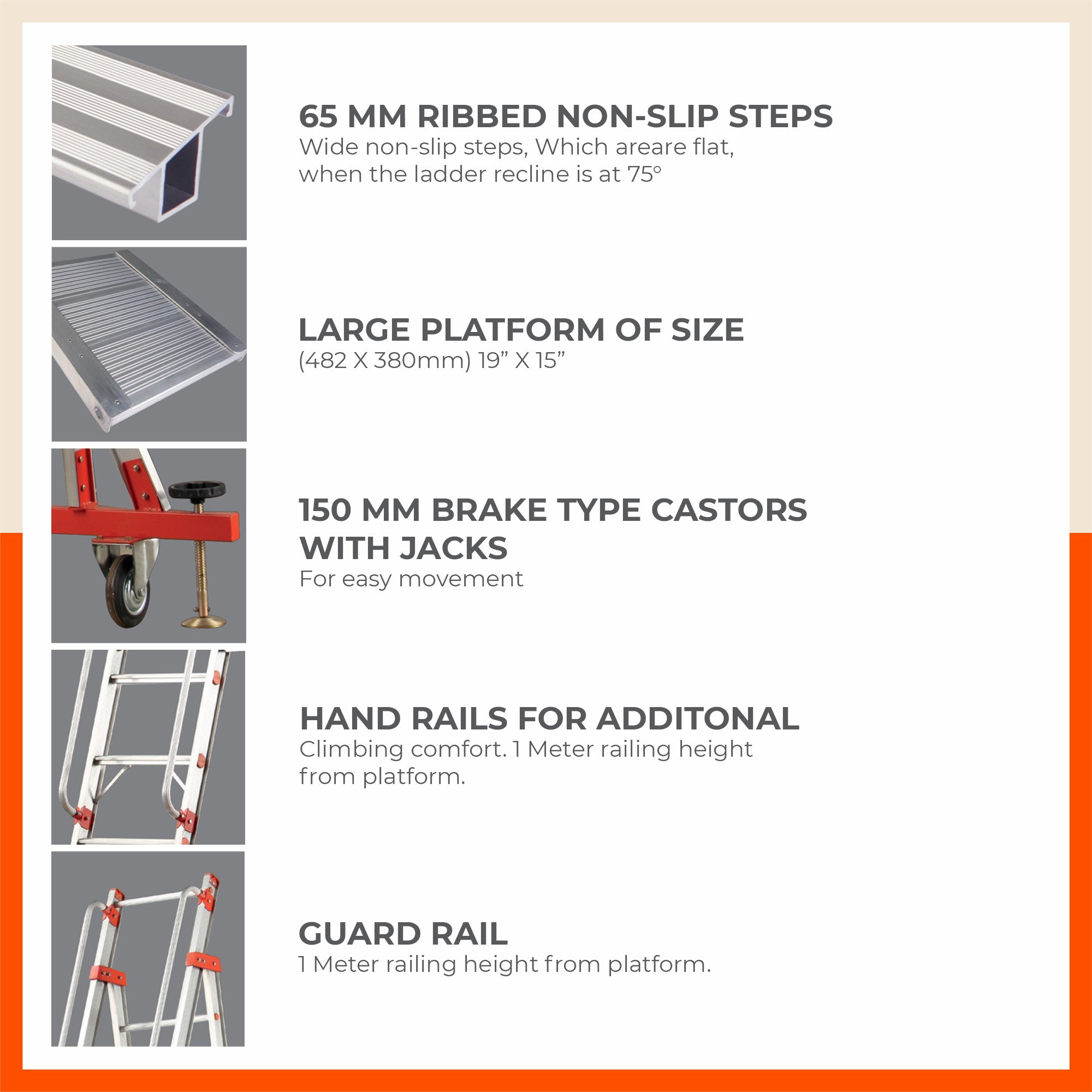 Bathla DS 2000 – Deluxe Self Supporting Ladder (‘C’ Section, 65MM Steps) with Platform, Handrails & Castors | Medium Duty, 125kg Load