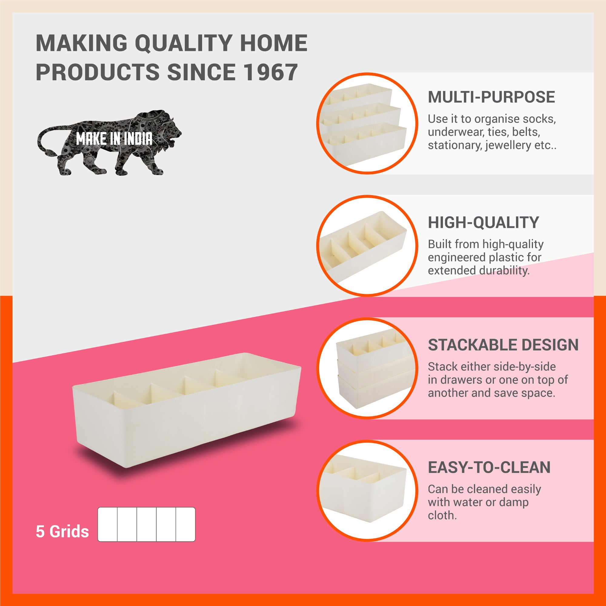 Stomo Dori Multi-Purpose Stackable Drawer Organizer For Home | Ivory - Set of 4