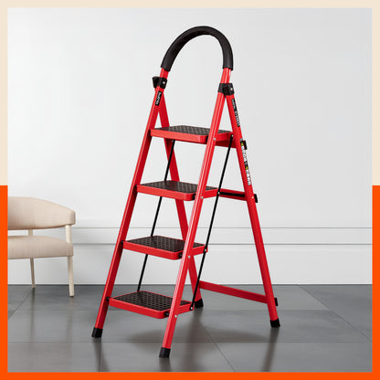 Bathla Everest 4 Step Steel Ladder with Safety Hand Grip | Durable & Anti-Skid | Lightweight & Foldable for Home & Office Use | 2 Year Manufacturer Warranty (Red)