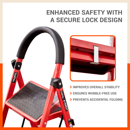 Bathla Everest 4 Step Steel Ladder with Safety Hand Grip | Durable & Anti-Skid | Lightweight & Foldable for Home & Office Use | 2 Year Manufacturer Warranty (Red)