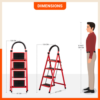 Bathla Everest 4 Step Steel Ladder with Safety Hand Grip | Durable & Anti-Skid | Lightweight & Foldable for Home & Office Use | 2 Year Manufacturer Warranty (Red)