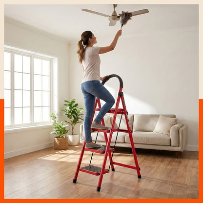 Bathla Everest 4 Step Steel Ladder with Safety Hand Grip | Durable & Anti-Skid | Lightweight & Foldable for Home & Office Use | 2 Year Manufacturer Warranty (Red)