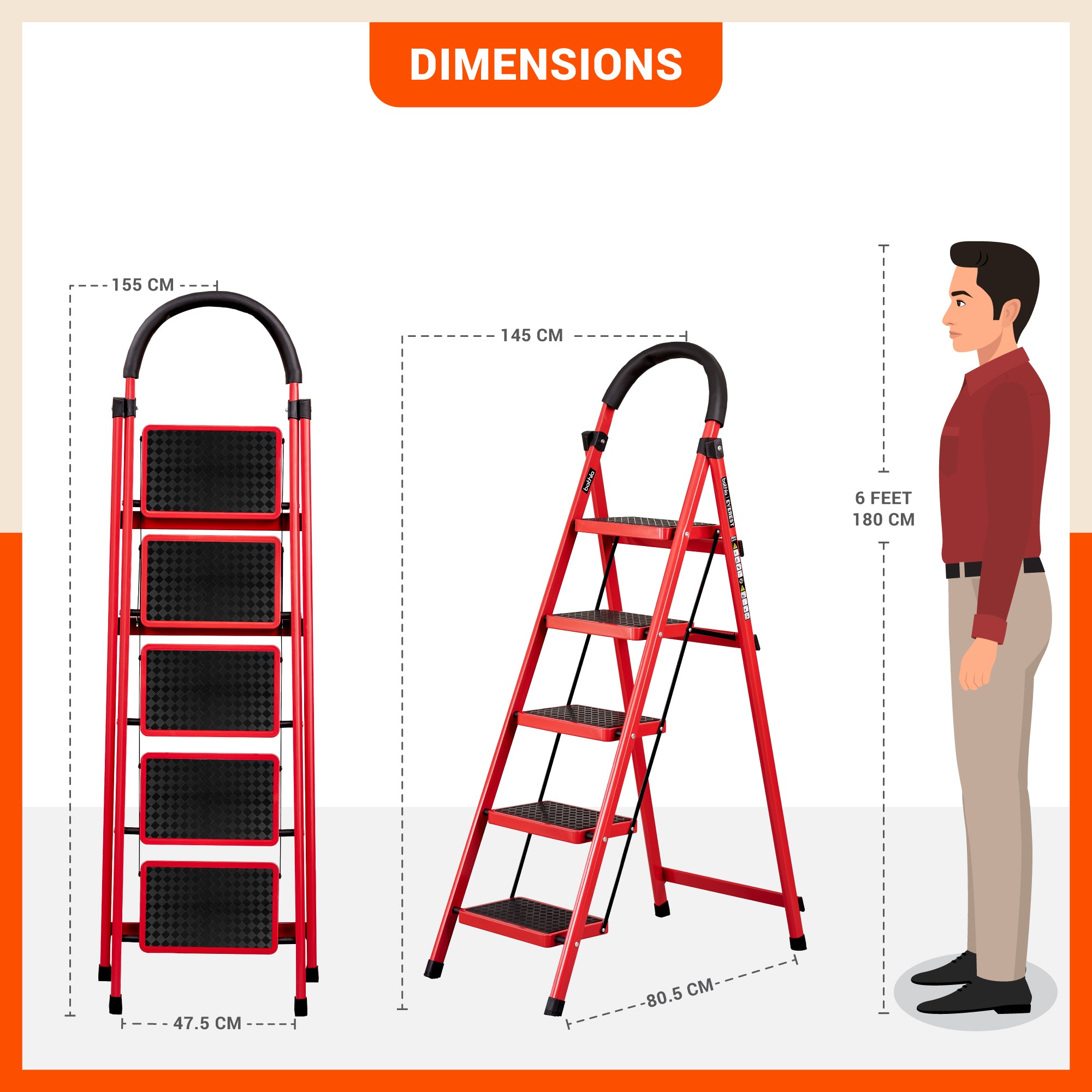 Bathla Everest 5 Step Steel Ladder with Safety Hand Grip | Durable & Anti-Skid | Lightweight & Foldable for Home & Office Use | 2 Year Manufacturer Warranty (Red)