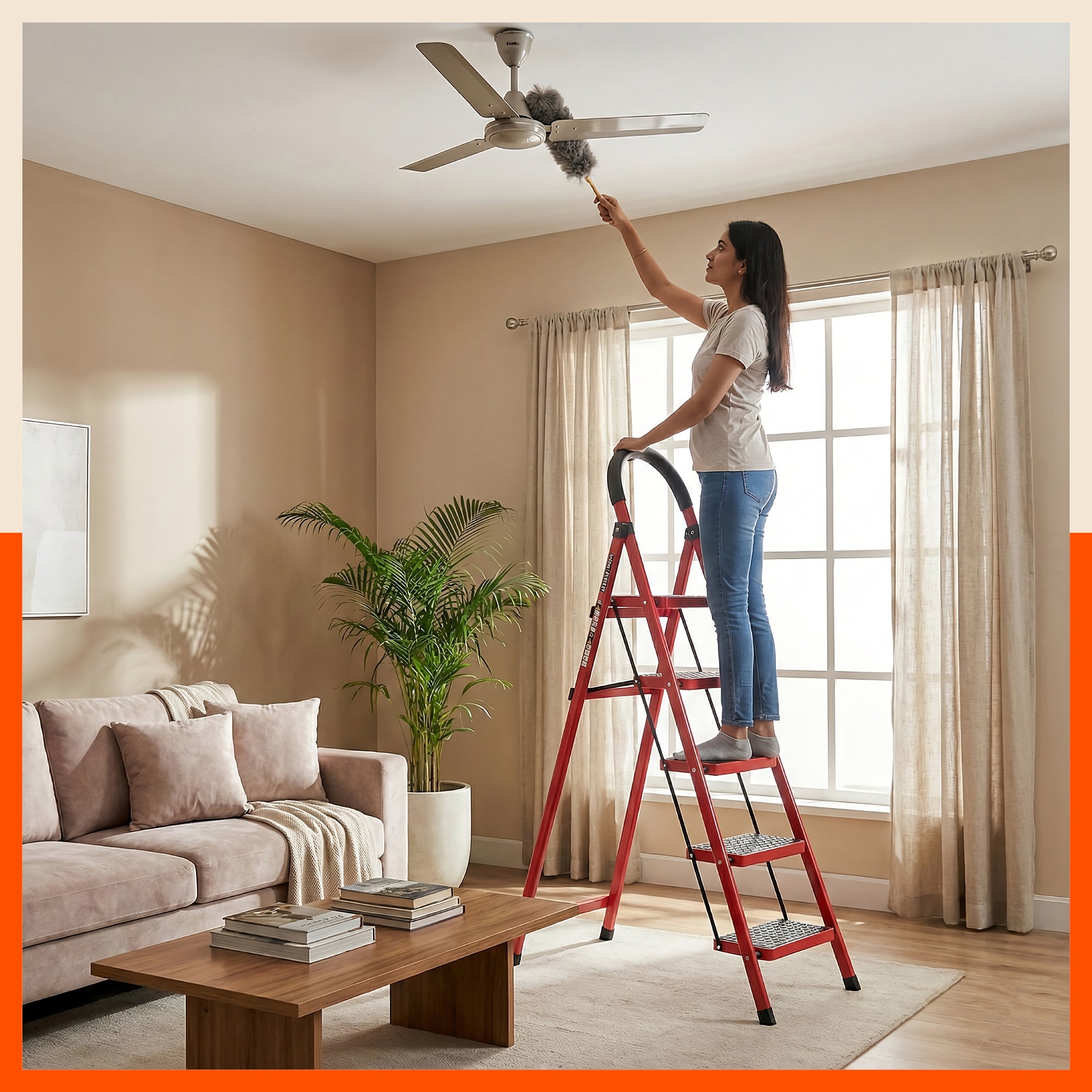 Bathla Everest 5 Step Steel Ladder with Safety Hand Grip | Durable & Anti-Skid | Lightweight & Foldable for Home & Office Use | 2 Year Manufacturer Warranty (Red)