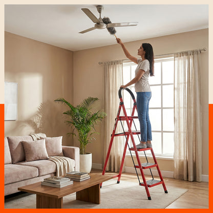 Bathla Everest 5 Step Steel Ladder with Safety Hand Grip | Durable & Anti-Skid | Lightweight & Foldable for Home & Office Use | 2 Year Manufacturer Warranty (Red)