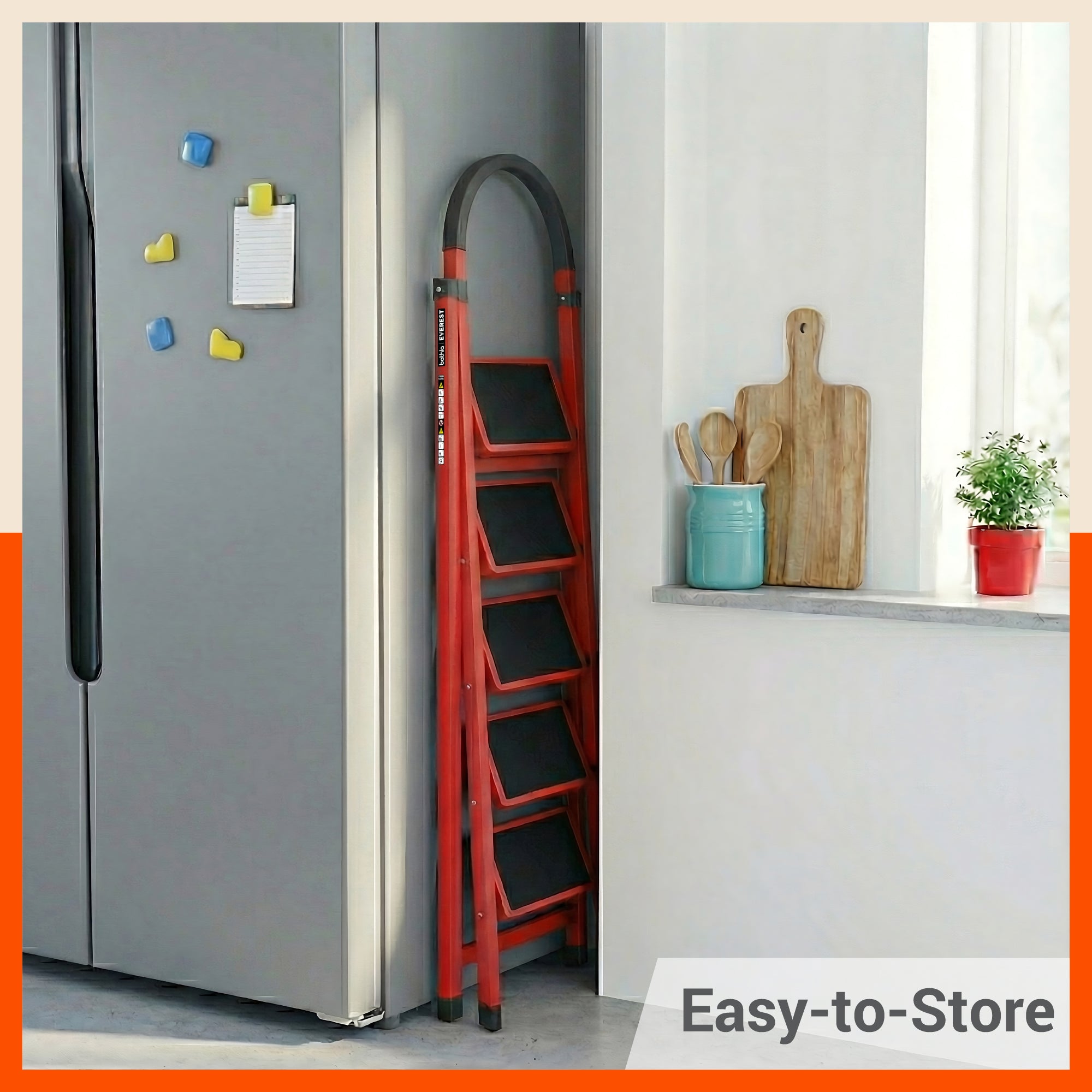 Bathla Everest 5 Step Steel Ladder with Safety Hand Grip | Durable & Anti-Skid | Lightweight & Foldable for Home & Office Use | 2 Year Manufacturer Warranty (Red)