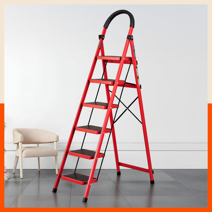 Bathla Everest 6 Step Steel Ladder with Safety Hand Grip | Durable & Anti-Skid | Lightweight & Foldable for Home & Office Use | 2 Year Manufacturer Warranty (Red)