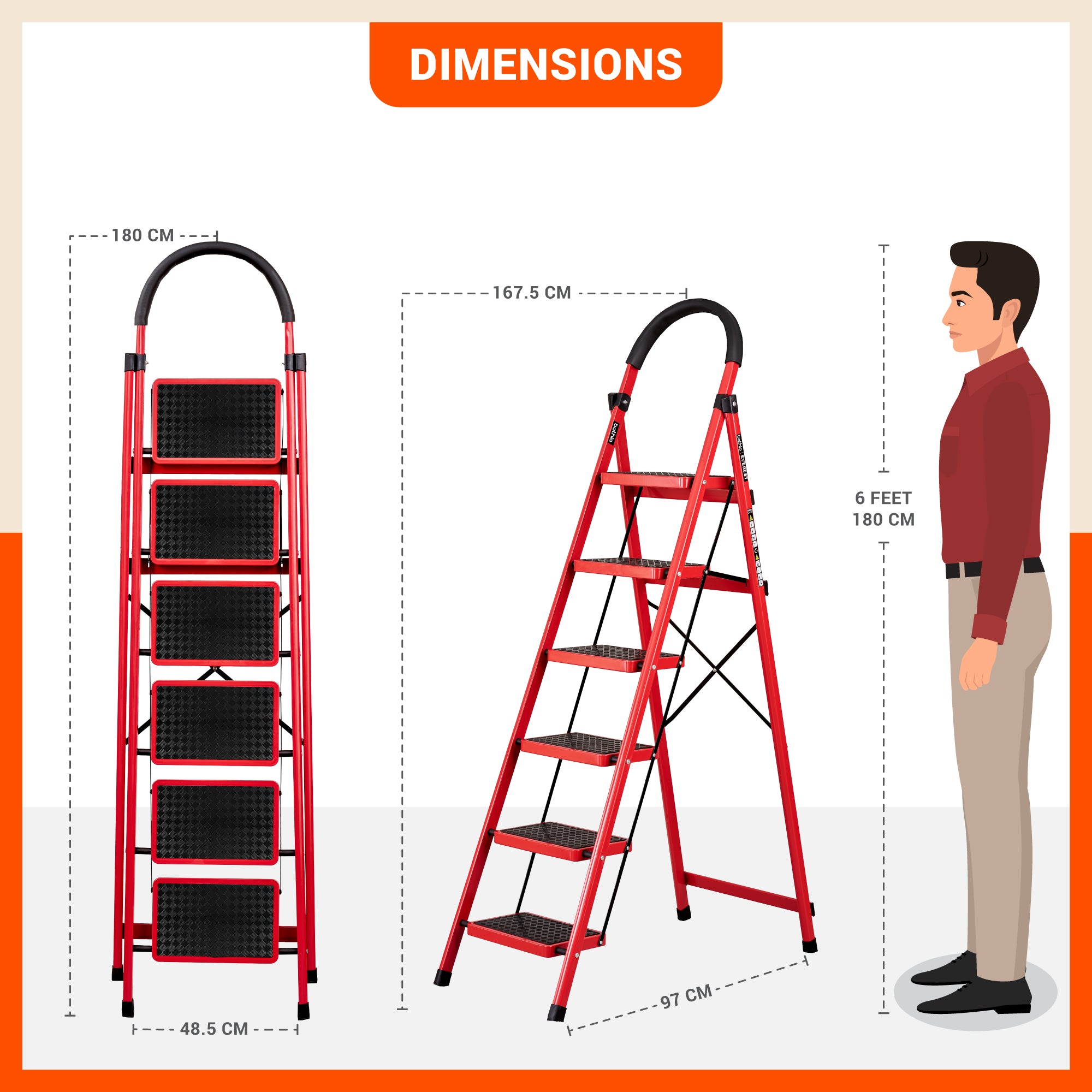 Bathla Everest 6 Step Steel Ladder with Safety Hand Grip | Durable & Anti-Skid | Lightweight & Foldable for Home & Office Use | 2 Year Manufacturer Warranty (Red)