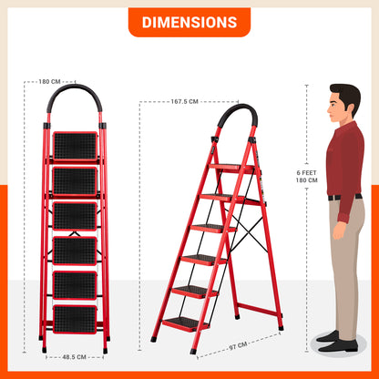 Bathla Everest 6 Step Steel Ladder with Safety Hand Grip | Durable & Anti-Skid | Lightweight & Foldable for Home & Office Use | 2 Year Manufacturer Warranty (Red)