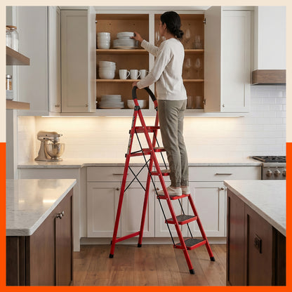 Bathla Everest 6 Step Steel Ladder with Safety Hand Grip | Durable & Anti-Skid | Lightweight & Foldable for Home & Office Use | 2 Year Manufacturer Warranty (Red)