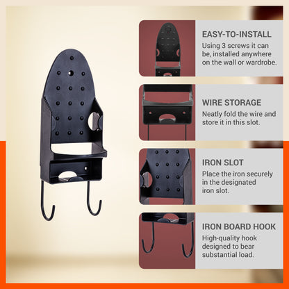 Bathla Heat Resistant Wall Mounted Iron Board Holder with Steel Hooks | Space Saving Design - Organised Cables | Black