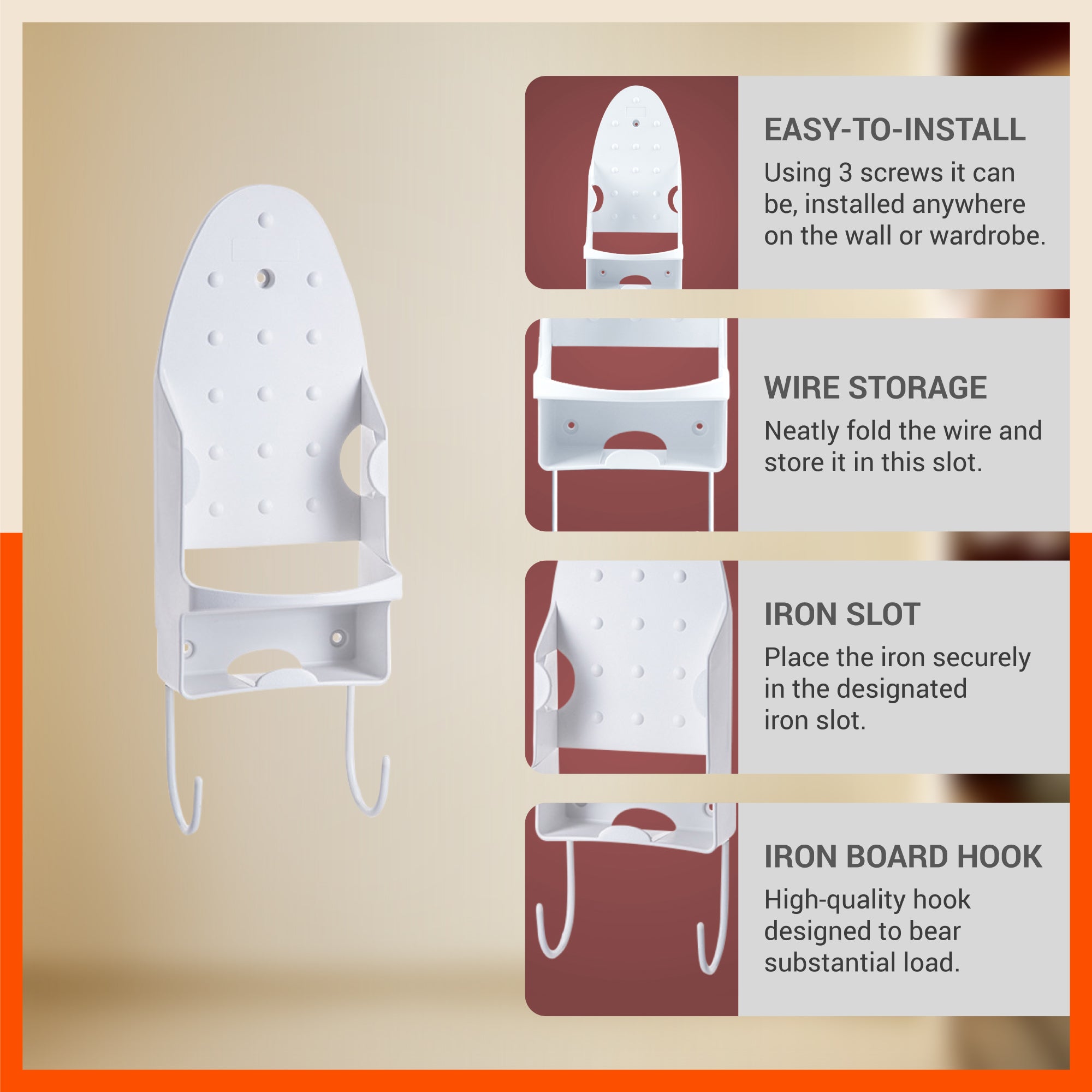 Bathla Heat Resistant Wall Mounted Iron Board Holder with Steel Hooks | Space Saving Design - Organised Cables | White