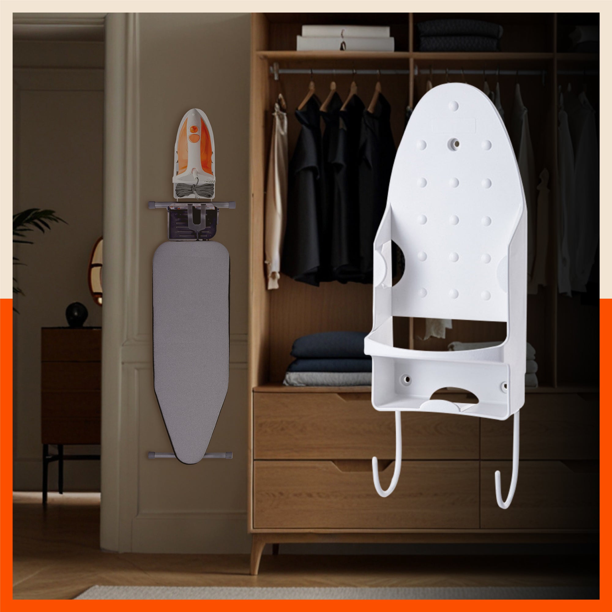 Bathla Heat Resistant Wall Mounted Iron Board Holder with Steel Hooks | Space Saving Design - Organised Cables | White
