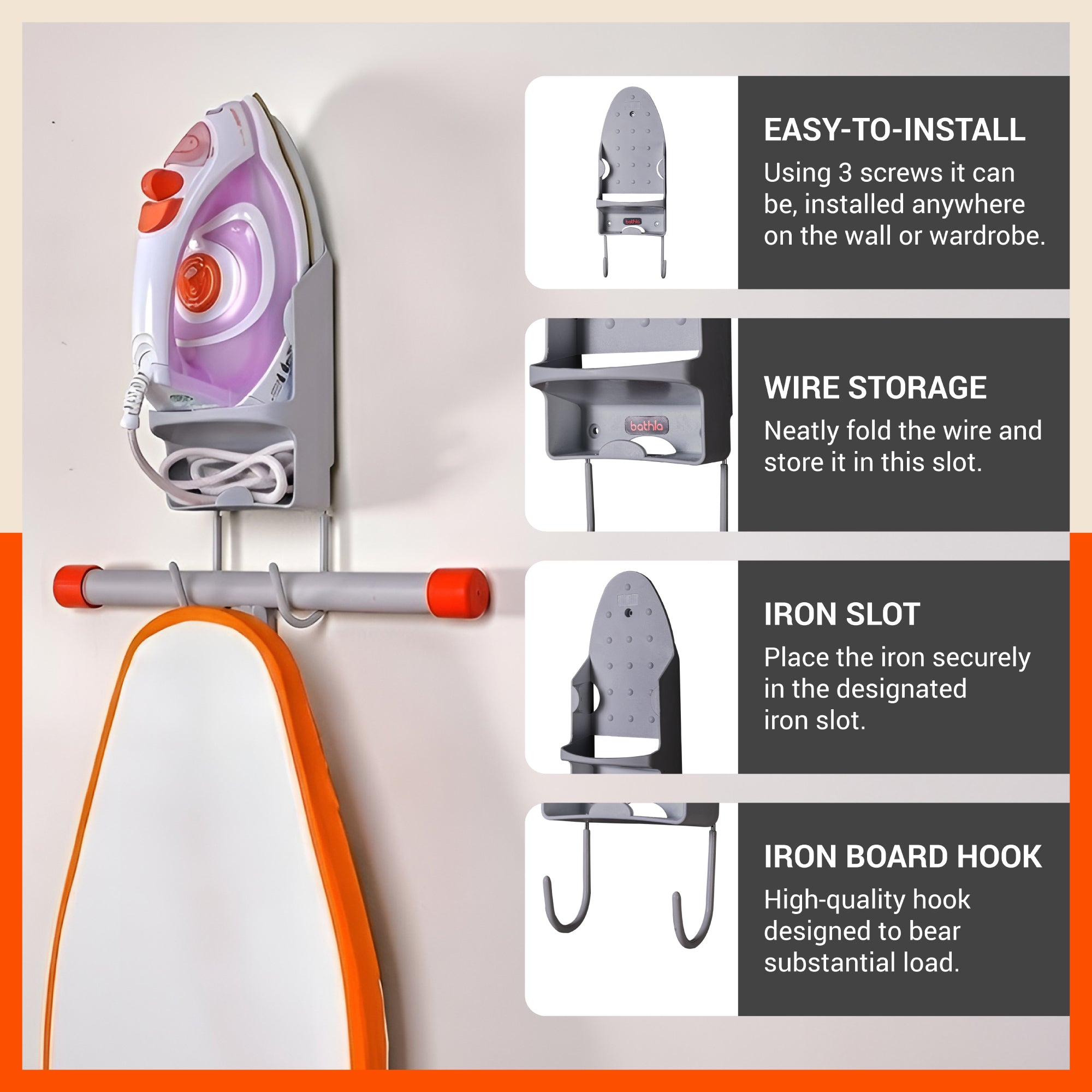 Bathla Heat Resistant Wall Mounted Iron Board Holder with Steel Hooks | Space Saving Design - Organised Cables | Grey