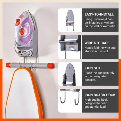 Bathla Heat Resistant Wall Mounted Iron Board Holder with Steel Hooks | Space Saving Design - Organised Cables | Grey