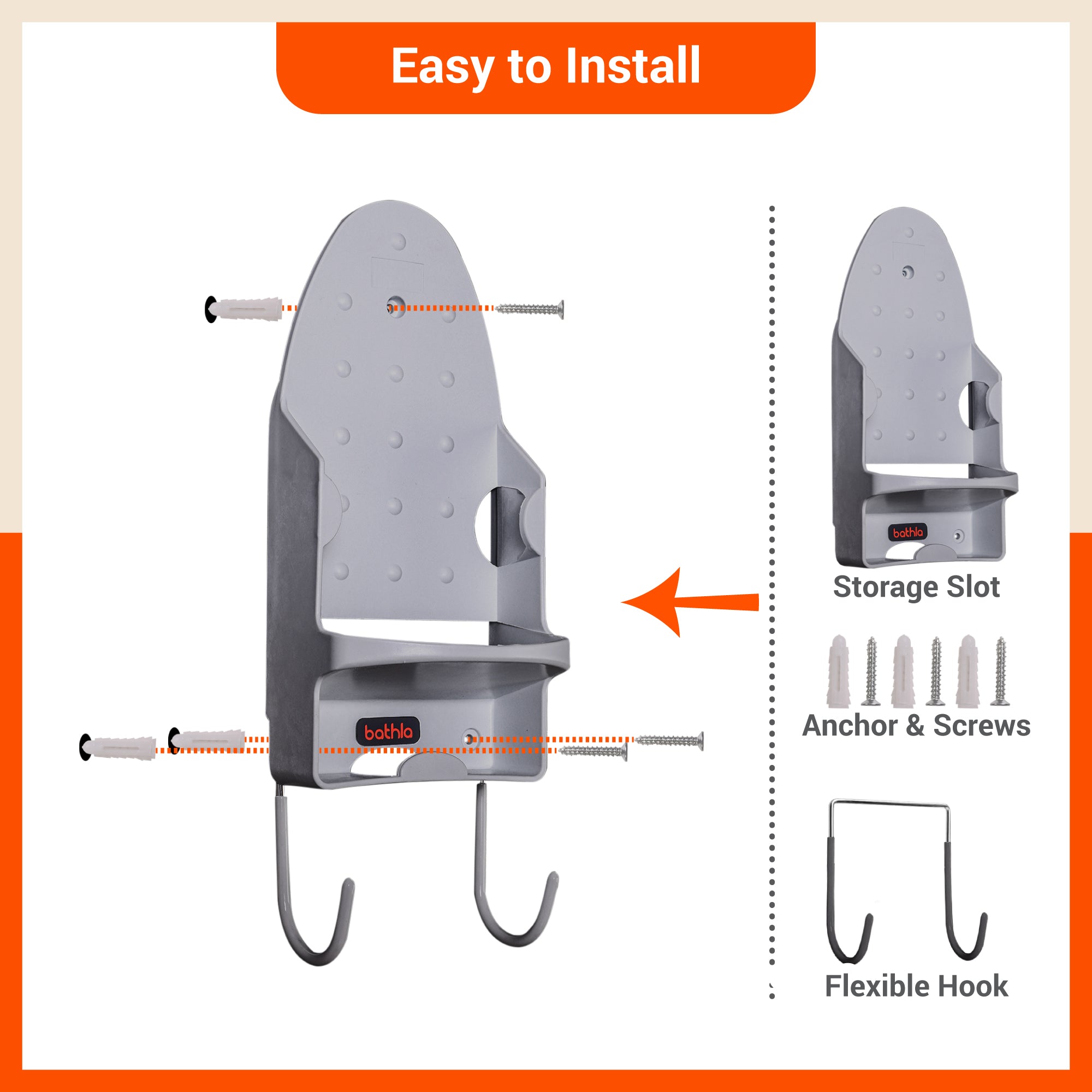 Bathla Heat Resistant Wall Mounted Iron Board Holder with Steel Hooks | Space Saving Design - Organised Cables | Grey