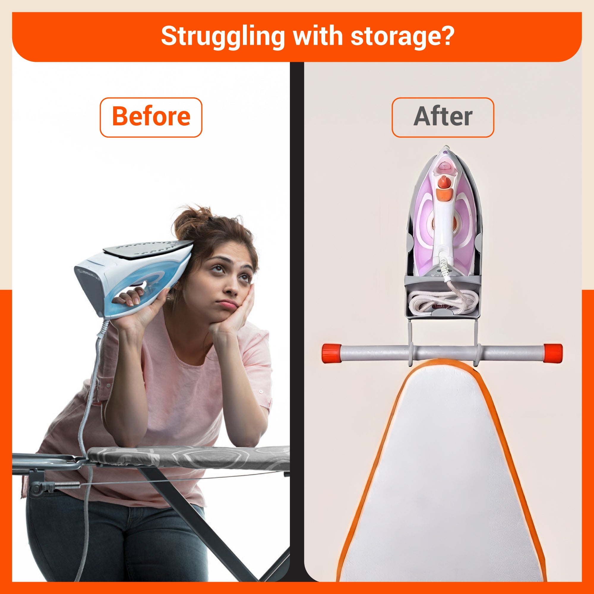 Bathla Heat Resistant Wall Mounted Iron Board Holder with Steel Hooks | Space Saving Design - Organised Cables | Grey