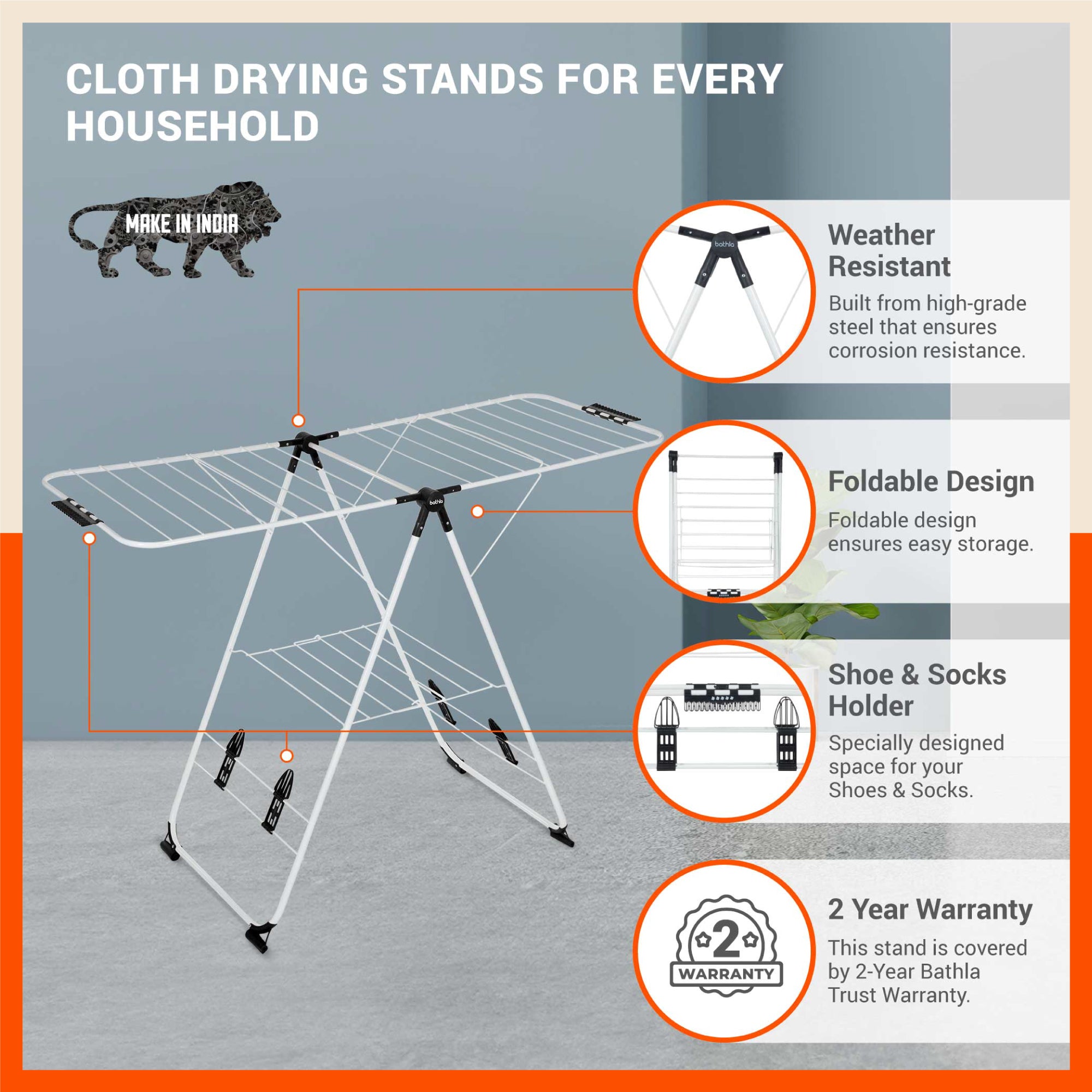Bathla Mobidry Neo - Foldable Cloth Drying Stand For Home (Black)