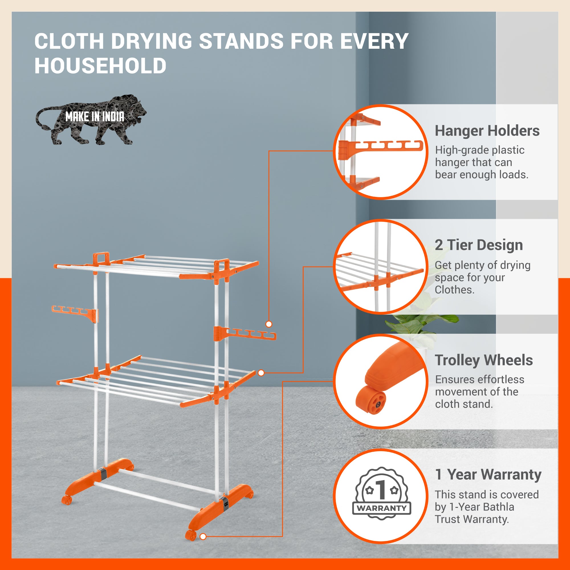 Bathla Mobidry Terra 2 Level Steel Modular Cloth Drying Stand For Home (Orange - Medium) Made in India