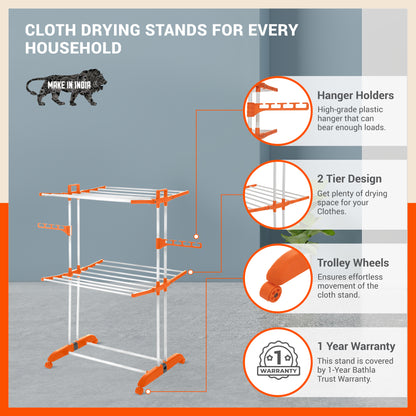 Bathla Mobidry Terra 2 Level Steel Modular Cloth Drying Stand For Home (Orange - Medium) Made in India