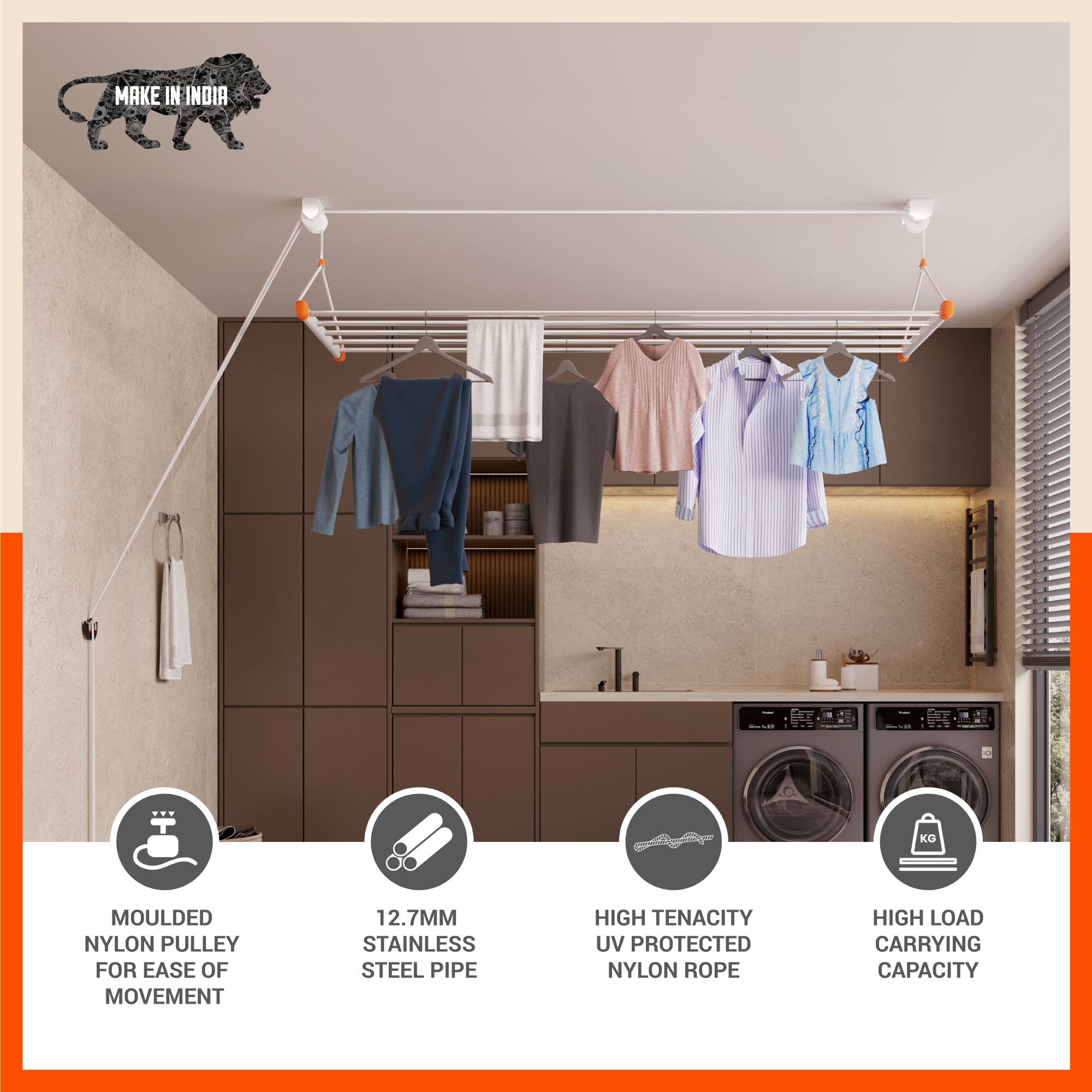 Bathla Mobidry LYFT Stainless Steel Ceiling Cloth Dryer - 5Ft -5 Pipes