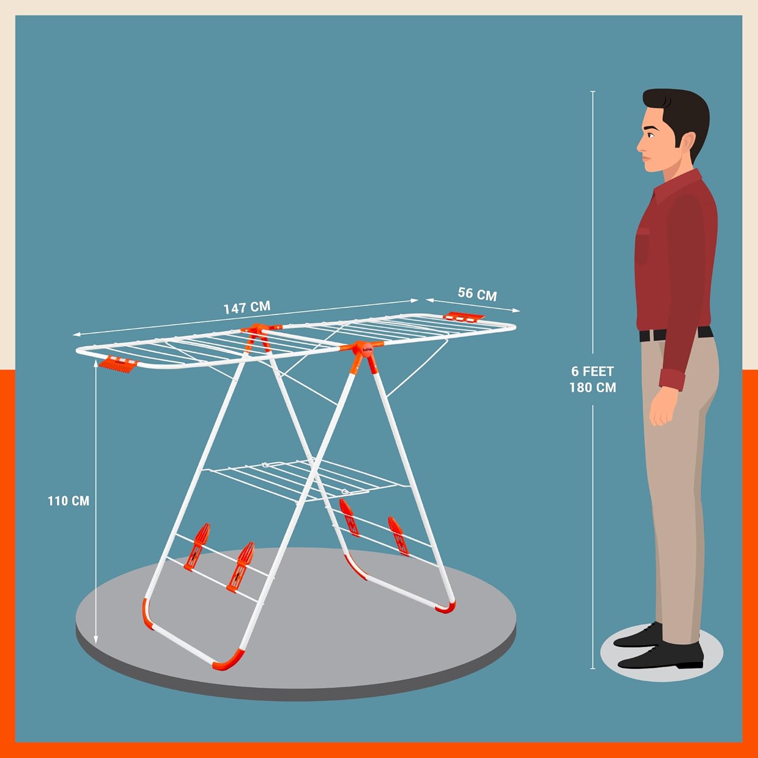 Bathla Mobidry Neo Foldable Cloth Drying Stand for Home (147 x 56 x 110 cm, (Orange)